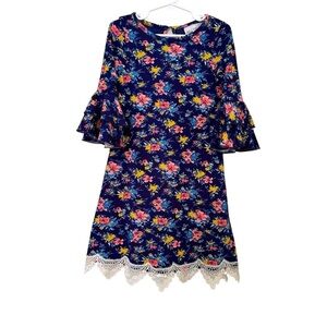 Rare Editions Blue Yellow Floral Dress Bell Sleeve Lace Girls 5